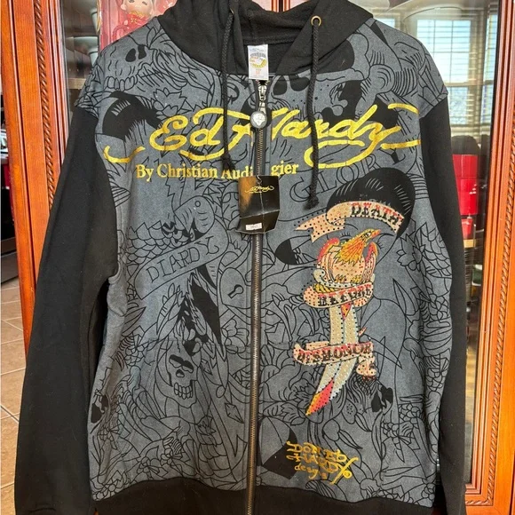 Ed Hardy Black and Gray Graphic Hoodie - Picture 1 of 4